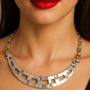 T‎ Tahari Satin Silver Geometric Statement Necklace
